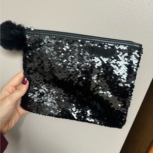 Black Sequence Makeup Pouch with PomPoms storage Luxury Fashion Never Used Ulta